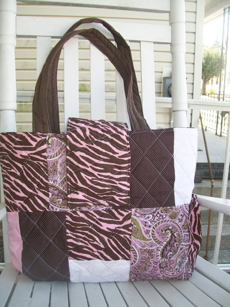 Brown and pink patchwork diaper bag