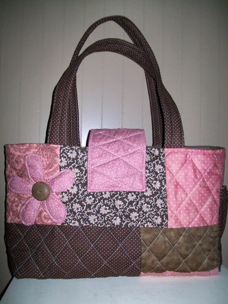 Brown and Pink Patchwork Diaper Bag with Flap